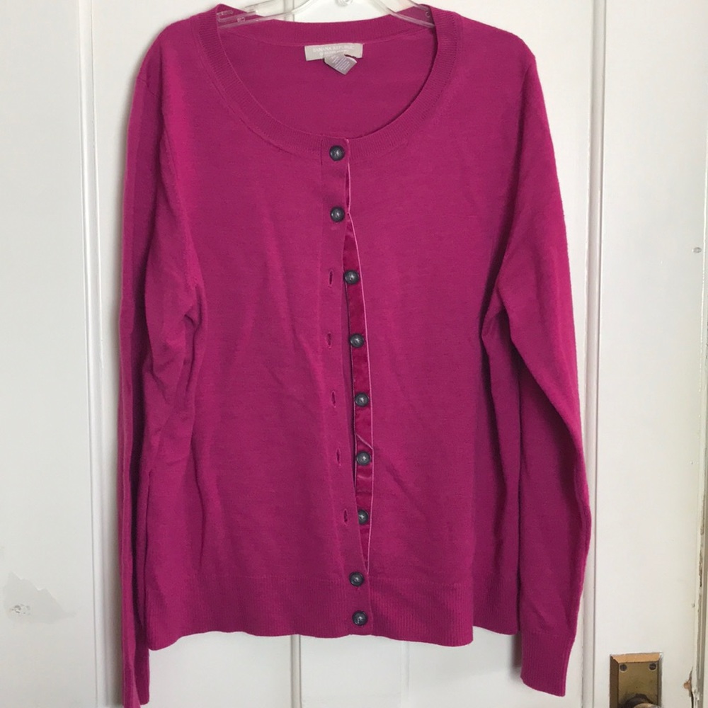 Hot pink sweater with velvet trim